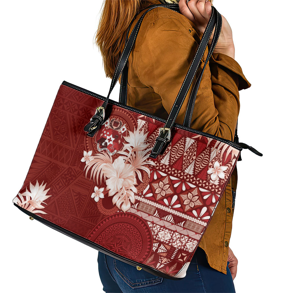 Tonga Ngatu Motifs Leather Tote Bag With Coat Of Arms Red LT05 - Polynesian Pride