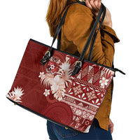 Tonga Ngatu Motifs Leather Tote Bag With Coat Of Arms Red LT05 - Polynesian Pride