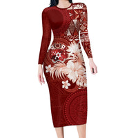 Tonga Ngatu Motifs Long Sleeve Bodycon Dress With Coat Of Arms Red LT05 Long Dress Red - Polynesian Pride