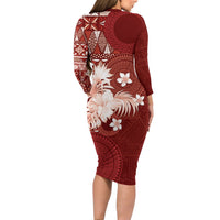 Tonga Ngatu Motifs Long Sleeve Bodycon Dress With Coat Of Arms Red LT05 - Polynesian Pride