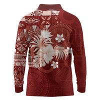 Tonga Ngatu Motifs Long Sleeve Polo Shirt With Coat Of Arms Red