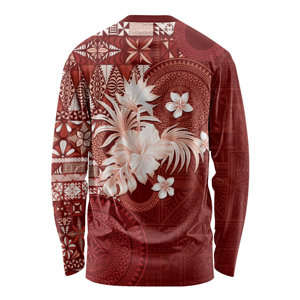 Tonga Ngatu Motifs Long Sleeve Shirt With Coat Of Arms Red