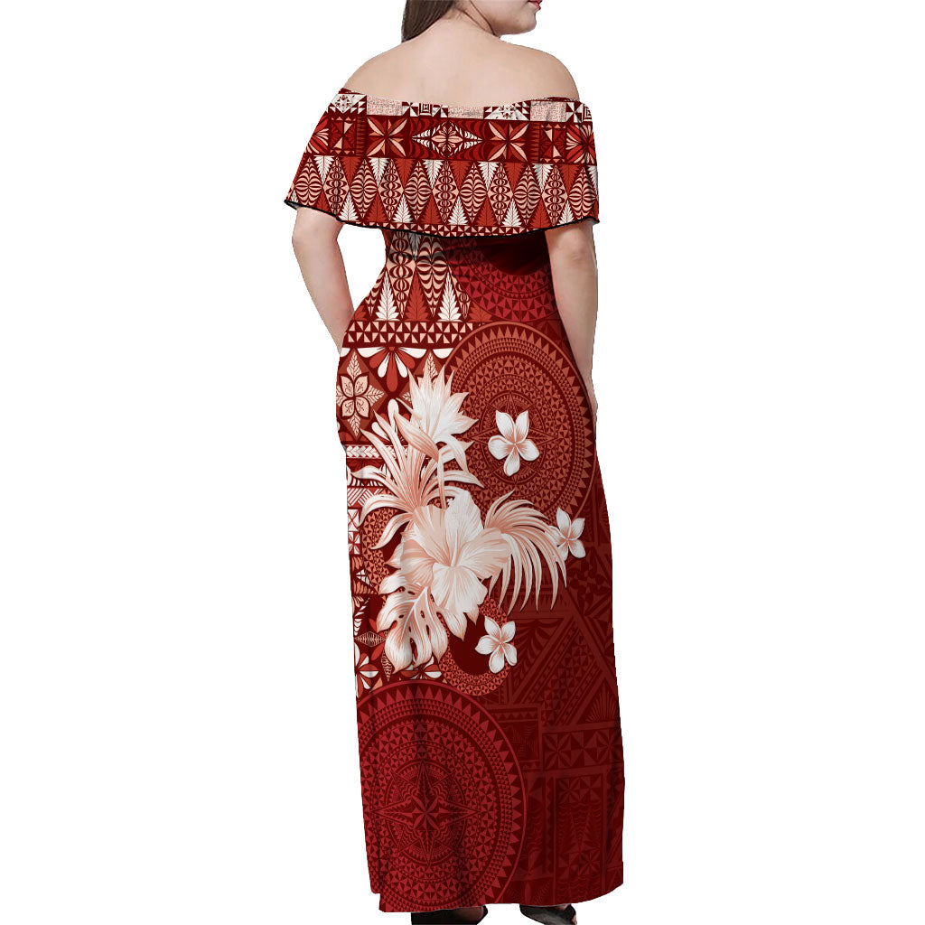 Tonga Ngatu Motifs Off Shoulder Maxi Dress With Coat Of Arms Red