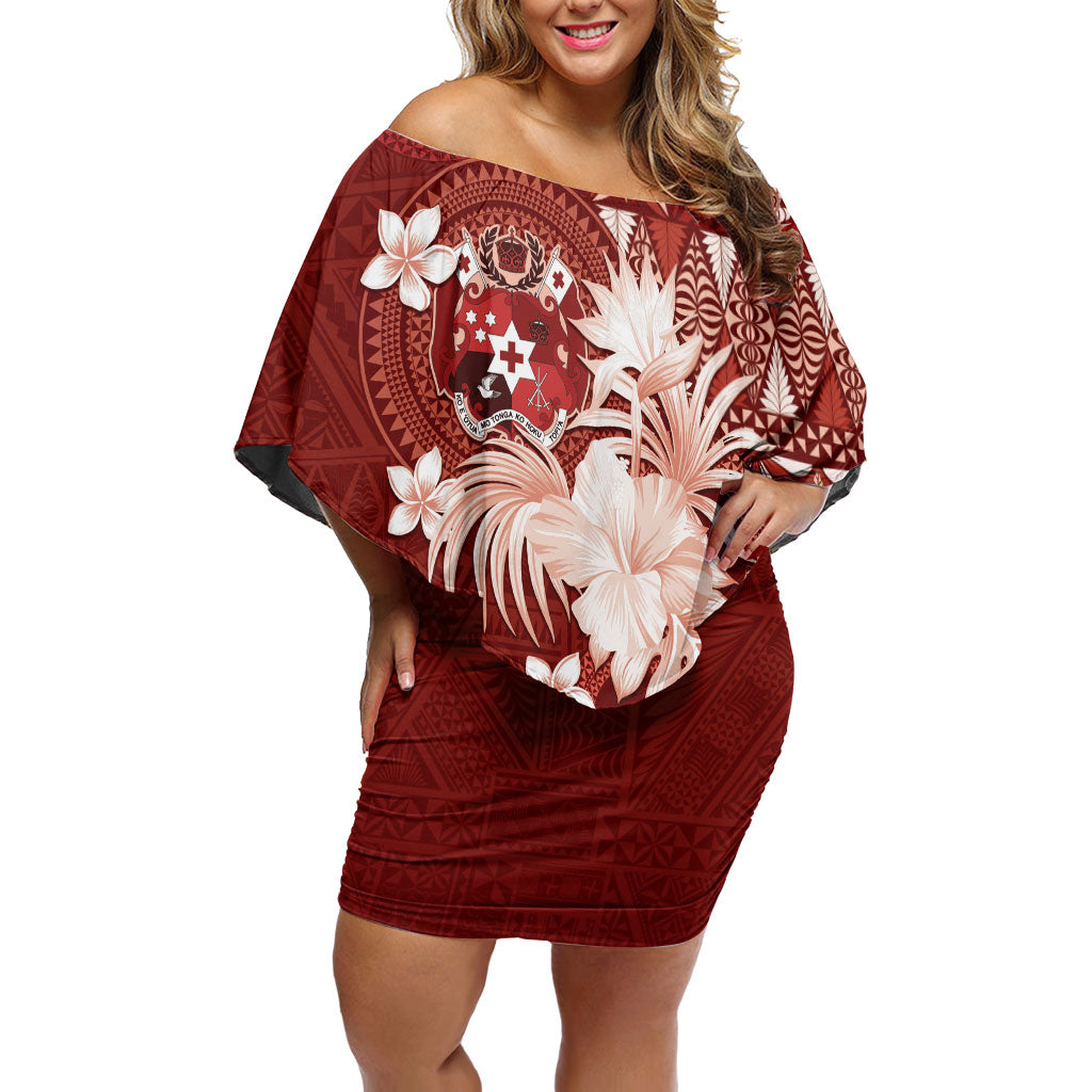 Tonga Ngatu Motifs Off Shoulder Short Dress With Coat Of Arms Red