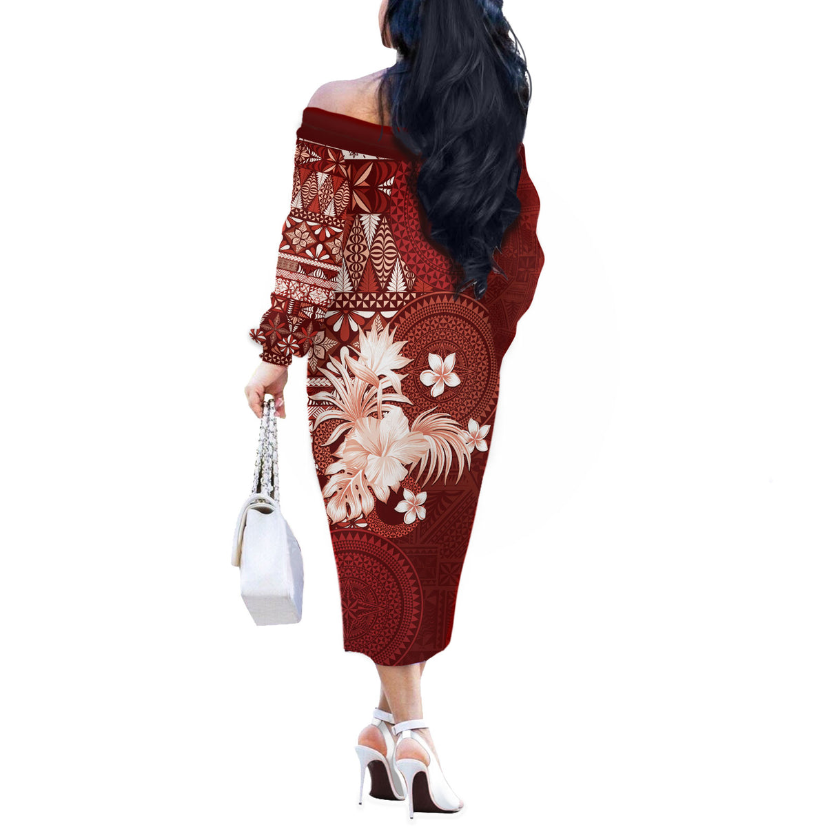 Tonga Ngatu Motifs Off The Shoulder Long Sleeve Dress With Coat Of Arms Red LT05 - Polynesian Pride