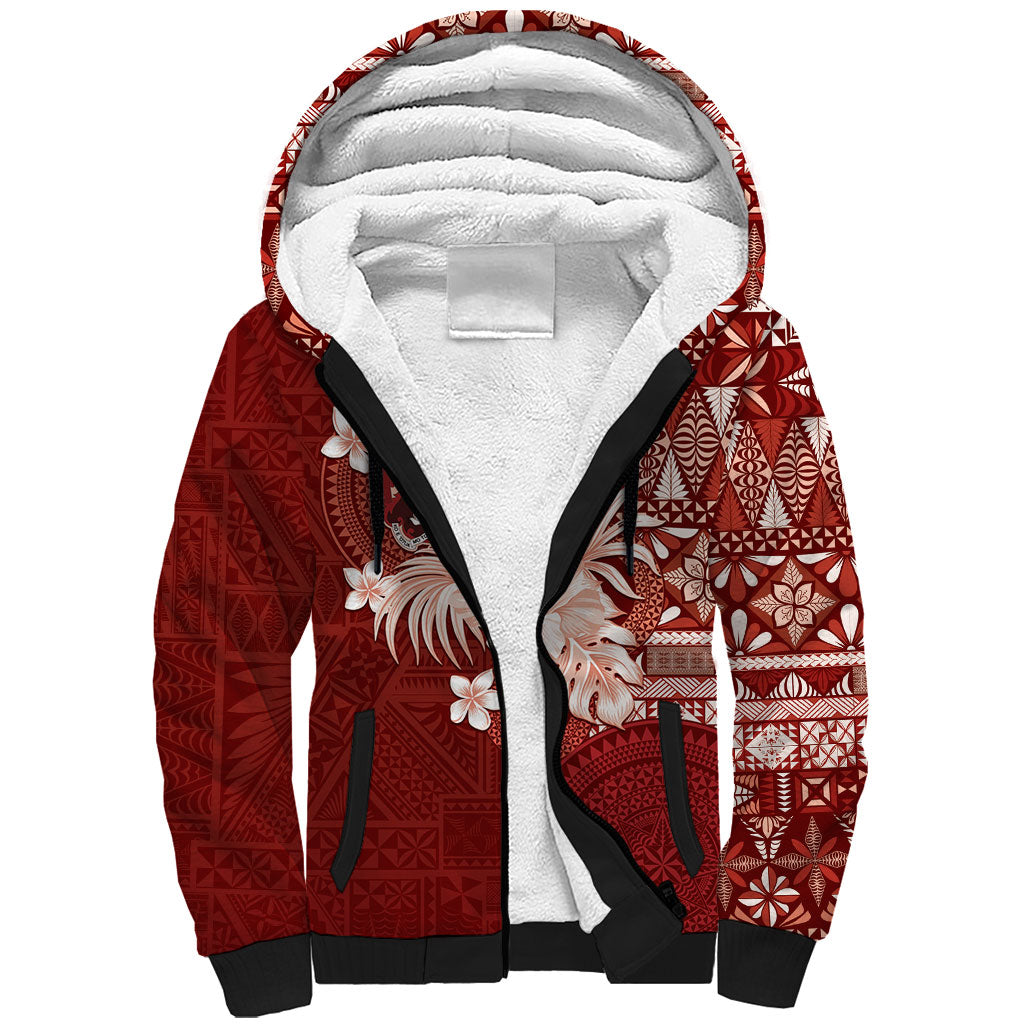 Tonga Ngatu Motifs Sherpa Hoodie With Coat Of Arms Red