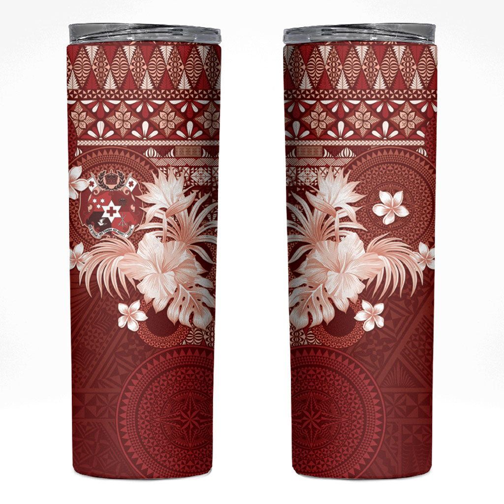 Tonga Ngatu Motifs Skinny Tumbler With Coat Of Arms Red