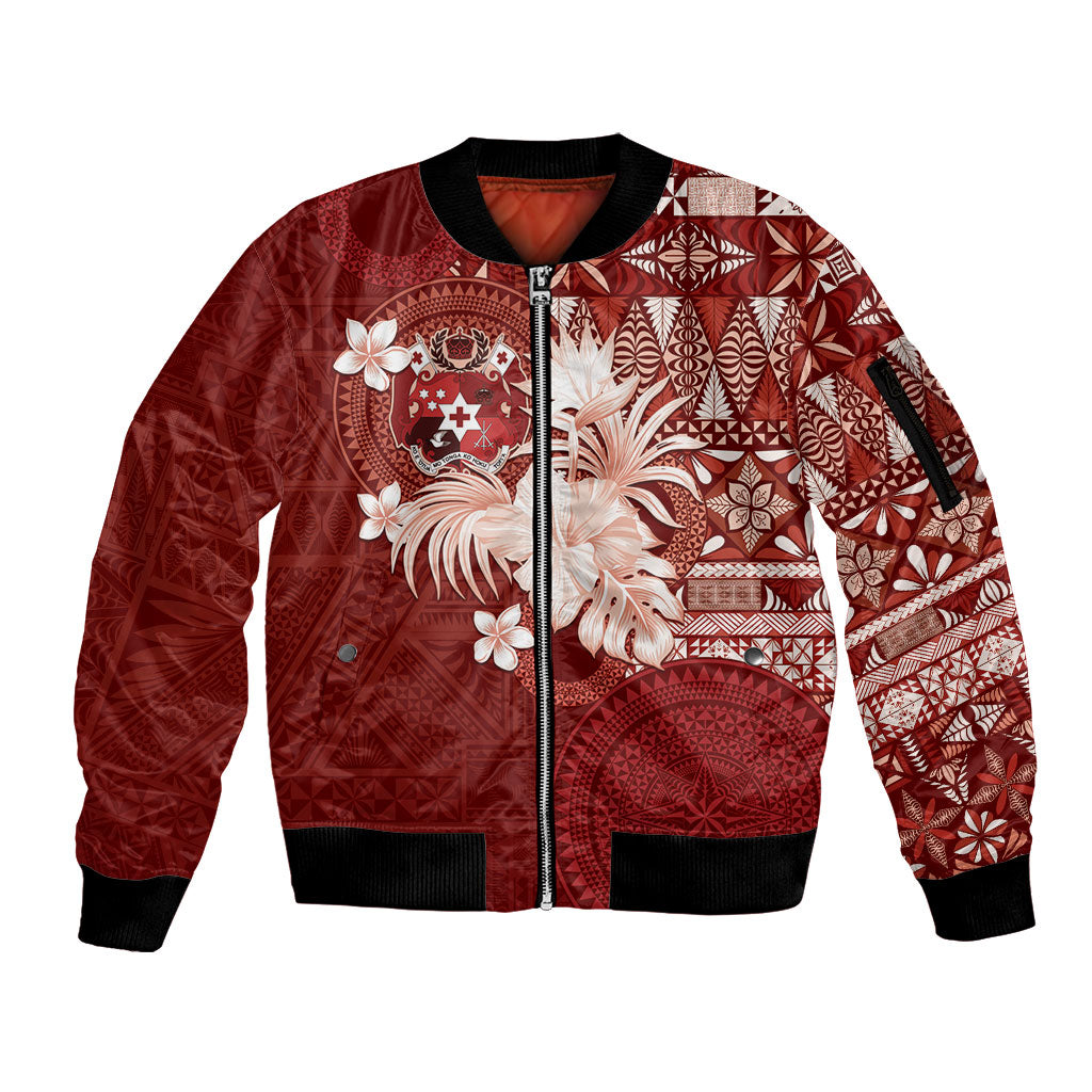 Tonga Ngatu Motifs Sleeve Zip Bomber Jacket With Coat Of Arms Red LT05 Unisex Red - Polynesian Pride