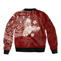 Tonga Ngatu Motifs Sleeve Zip Bomber Jacket With Coat Of Arms Red LT05 - Polynesian Pride