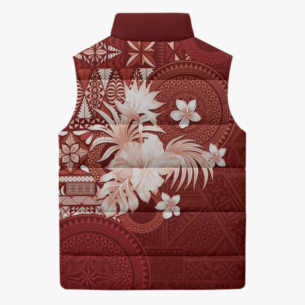 Tonga Ngatu Motifs Sleeveless Puffer Jacket With Coat Of Arms Red
