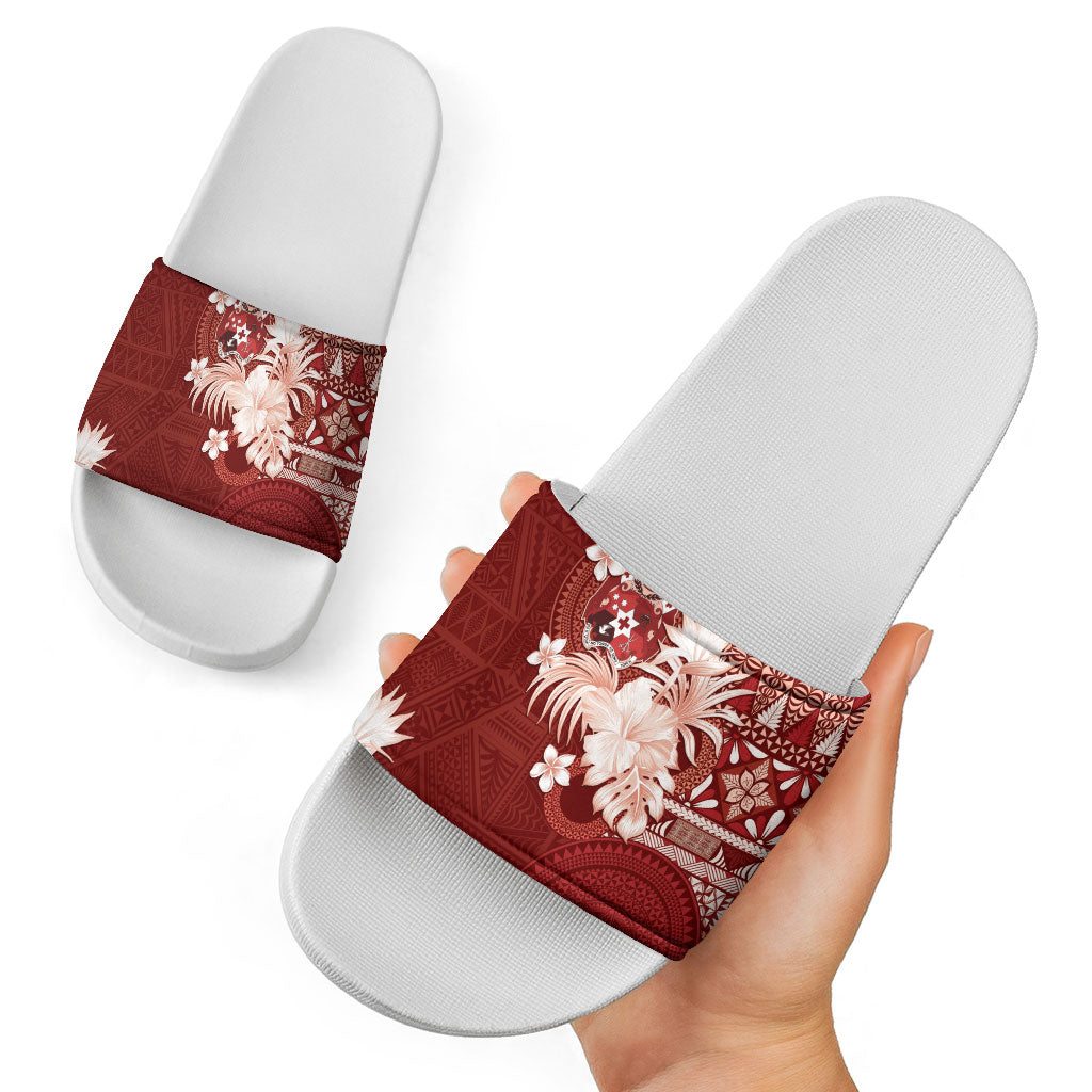 Tonga Ngatu Motifs Slide Sandals With Coat Of Arms Red