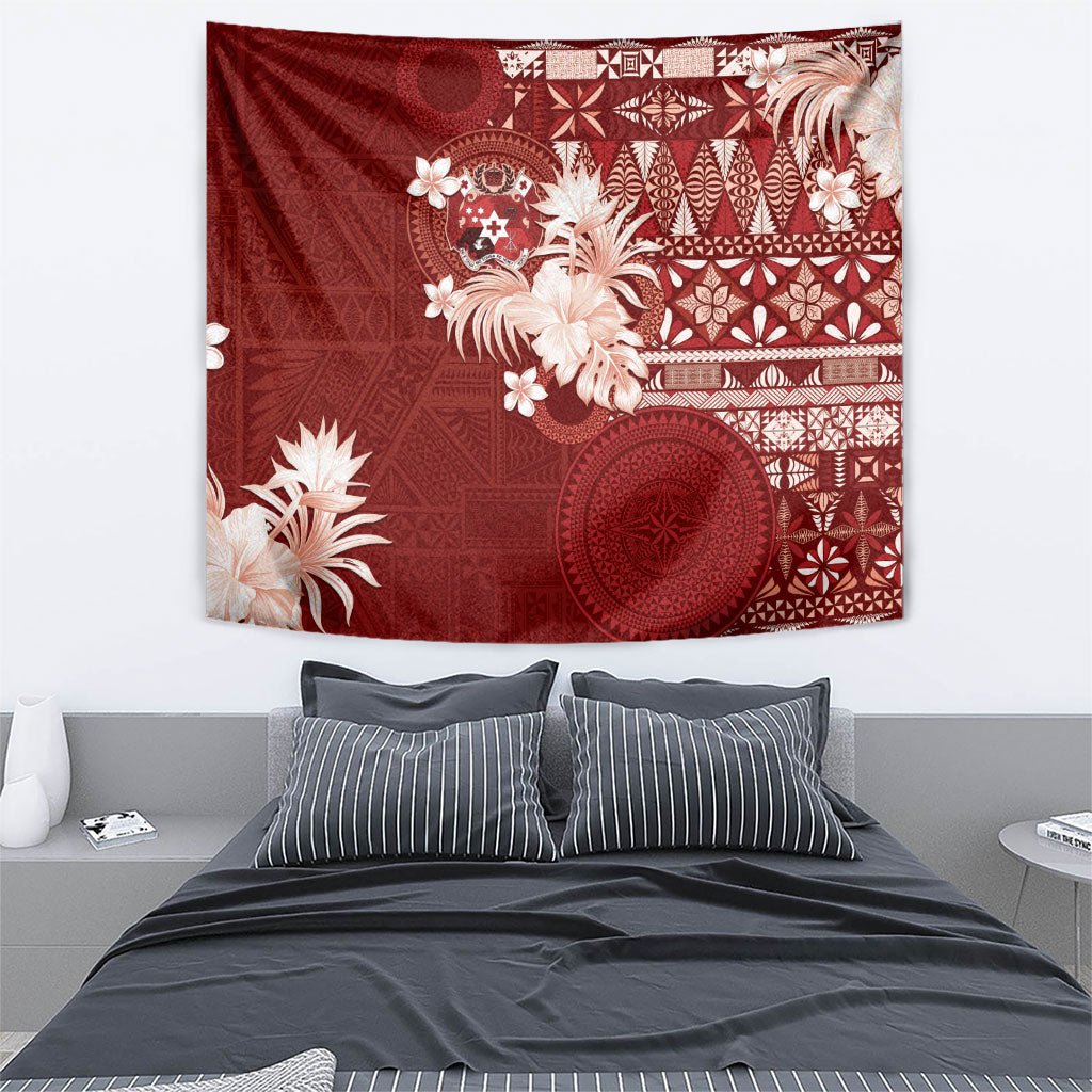 Tonga Ngatu Motifs Tapestry With Coat Of Arms Red
