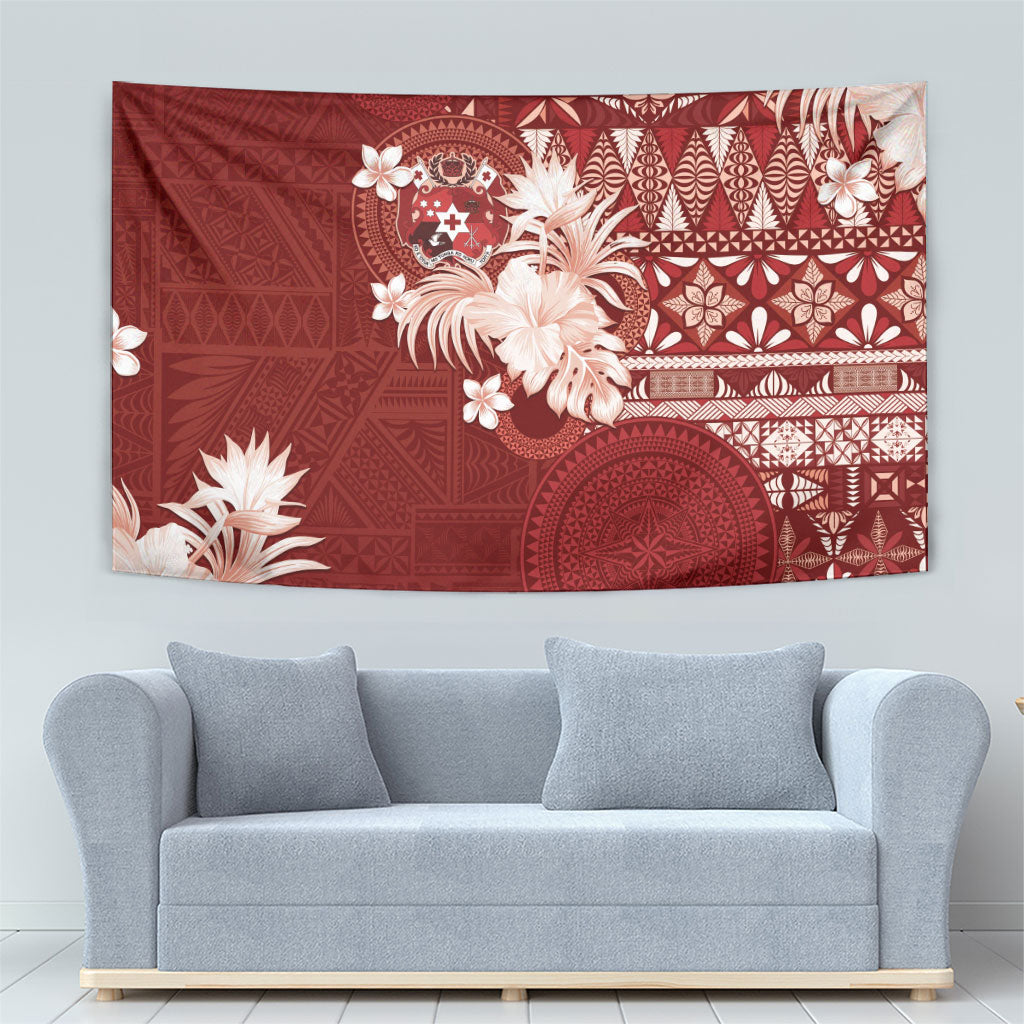 Tonga Ngatu Motifs Tapestry With Coat Of Arms Red