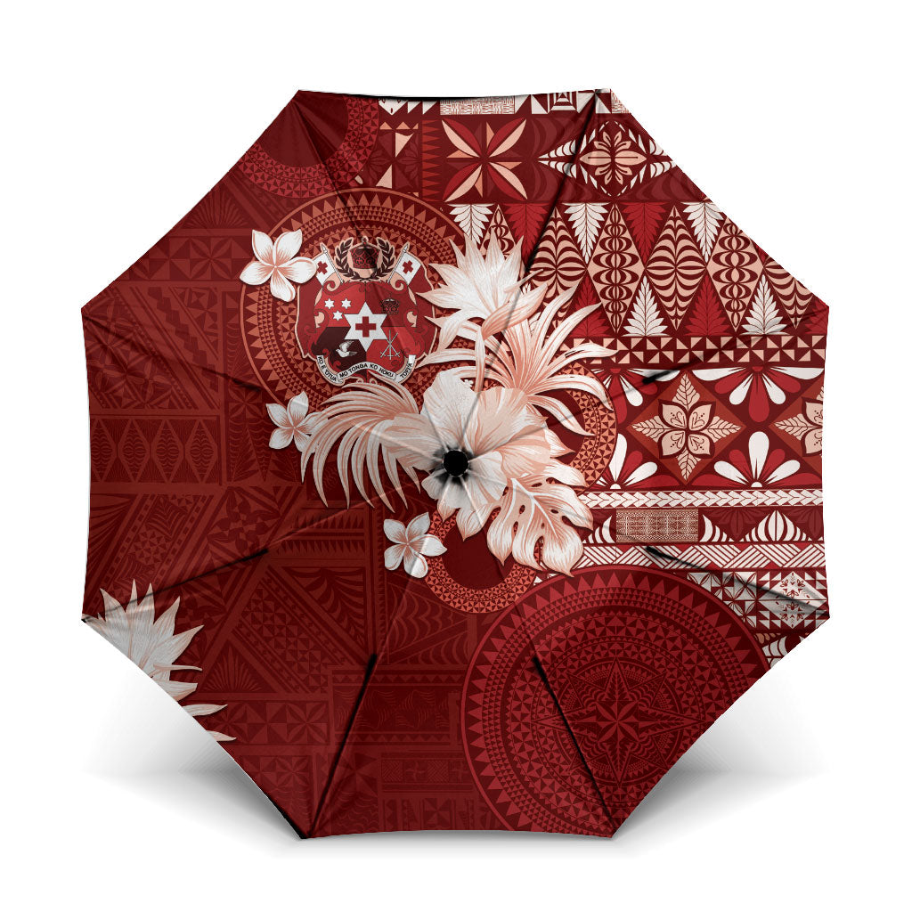 Tonga Ngatu Motifs Umbrella With Coat Of Arms Red
