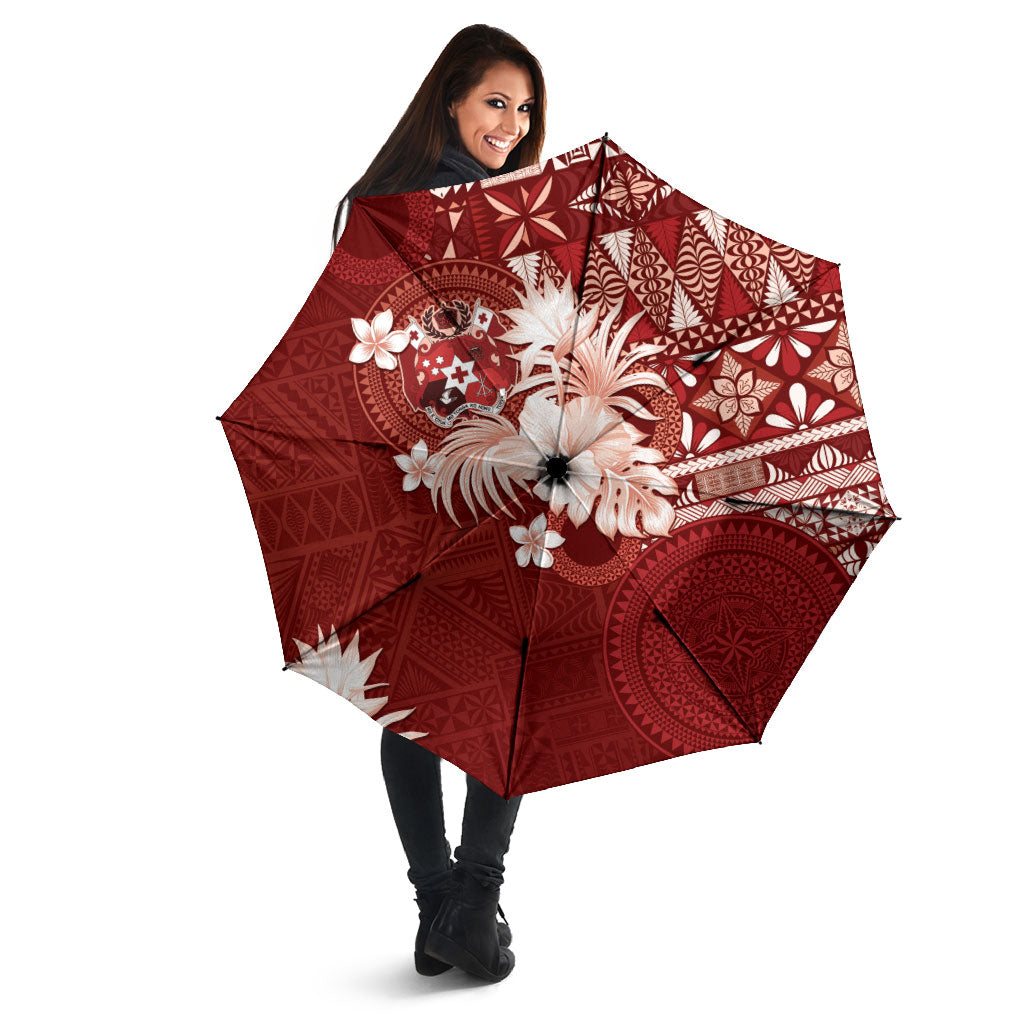 Tonga Ngatu Motifs Umbrella With Coat Of Arms Red