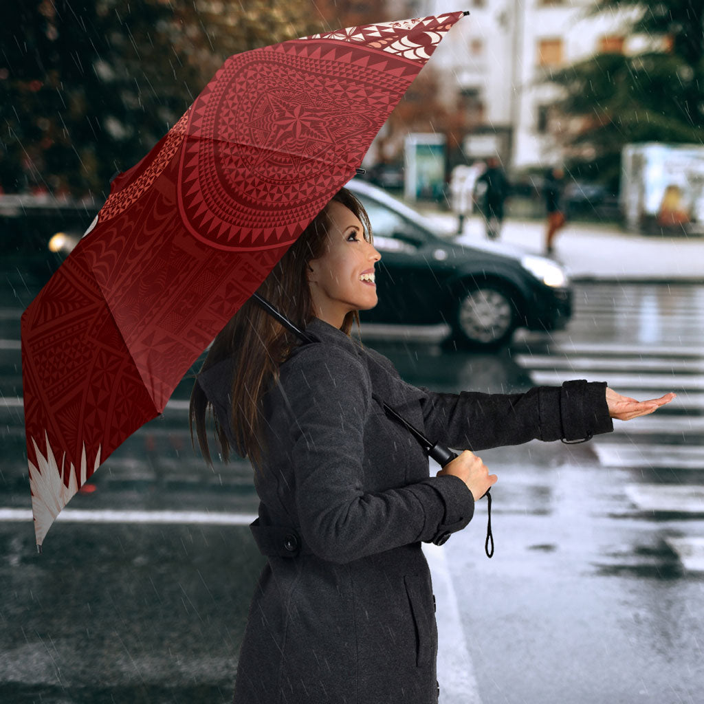 Tonga Ngatu Motifs Umbrella With Coat Of Arms Red