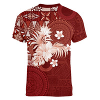 Tonga Ngatu Motifs Women V-Neck T-Shirt With Coat Of Arms Red