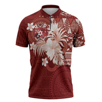 Tonga Ngatu Motifs Zipper Polo Shirt With Coat Of Arms Red