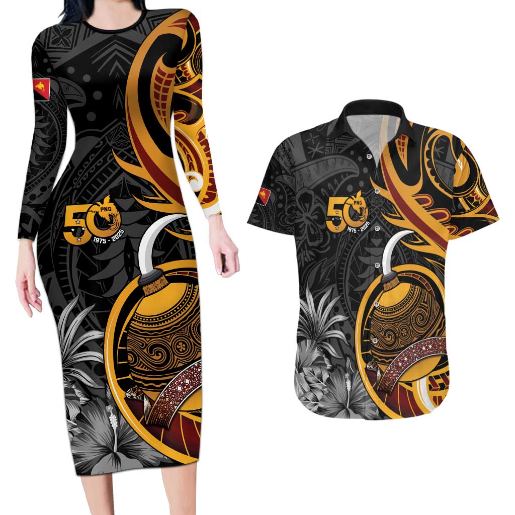 Personalised Papua New Guinea Couples Matching Long Sleeve Bodycon Dress and Hawaiian Shirt Happy 50th Independence Anniversary - Polynesian Pride