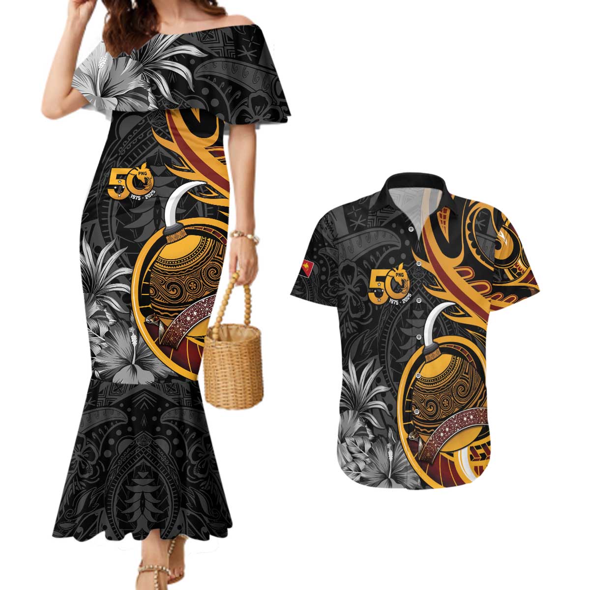 Personalised Papua New Guinea Couples Matching Mermaid Dress and Hawaiian Shirt Happy 50th Independence Anniversary - Polynesian Pride