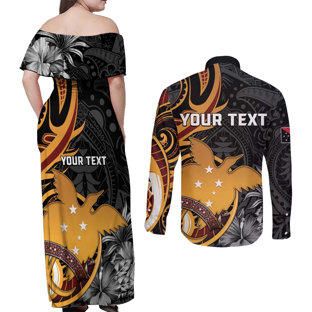 Personalised Papua New Guinea Couples Matching Off Shoulder Maxi Dress and Long Sleeve Button Shirt Happy 50th Independence Anniversary - Polynesian Pride