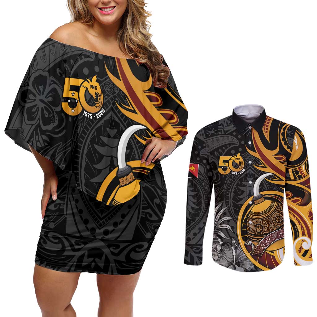 Personalised Papua New Guinea Couples Matching Off Shoulder Short Dress and Long Sleeve Button Shirt Happy 50th Independence Anniversary - Polynesian Pride