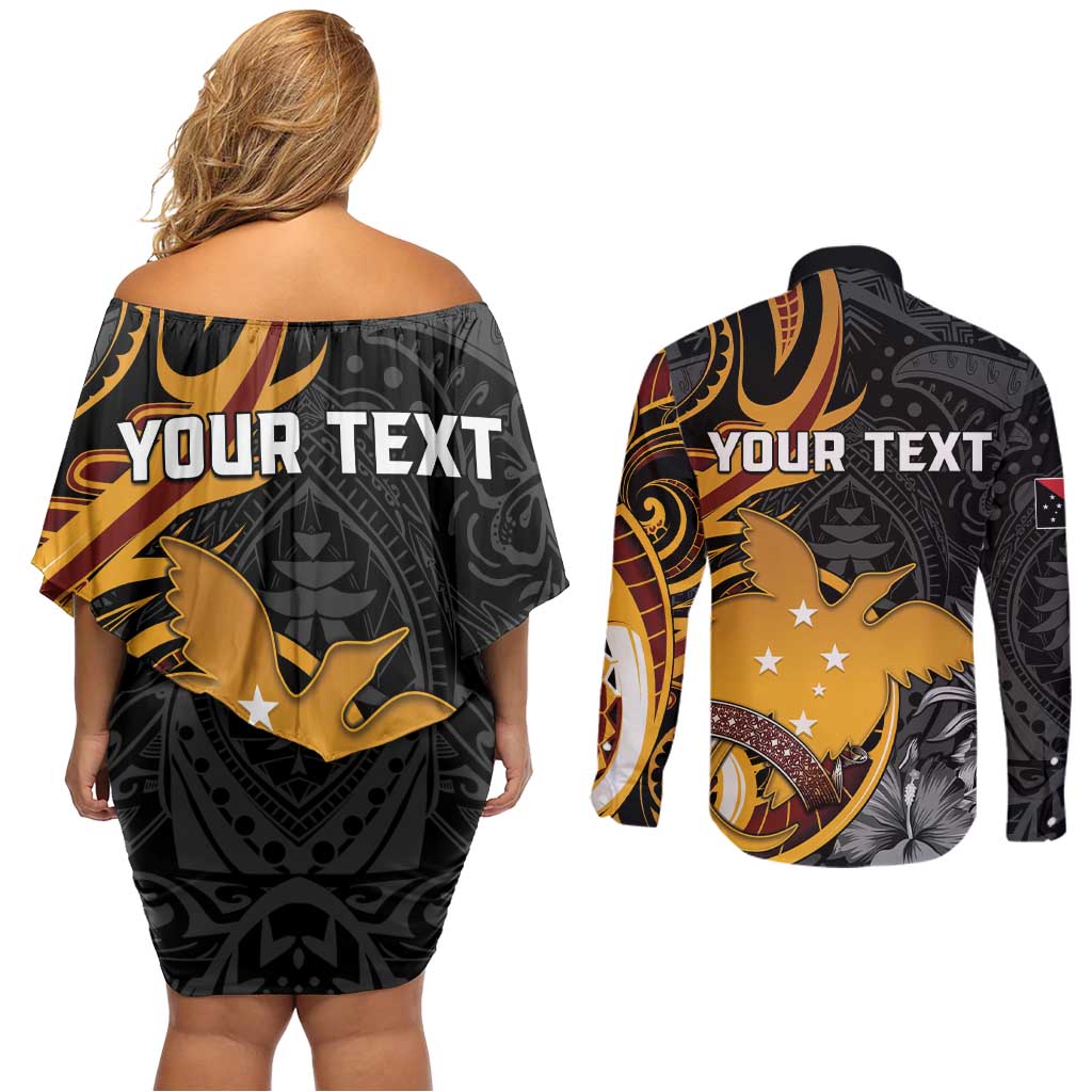 Personalised Papua New Guinea Couples Matching Off Shoulder Short Dress and Long Sleeve Button Shirt Happy 50th Independence Anniversary - Polynesian Pride