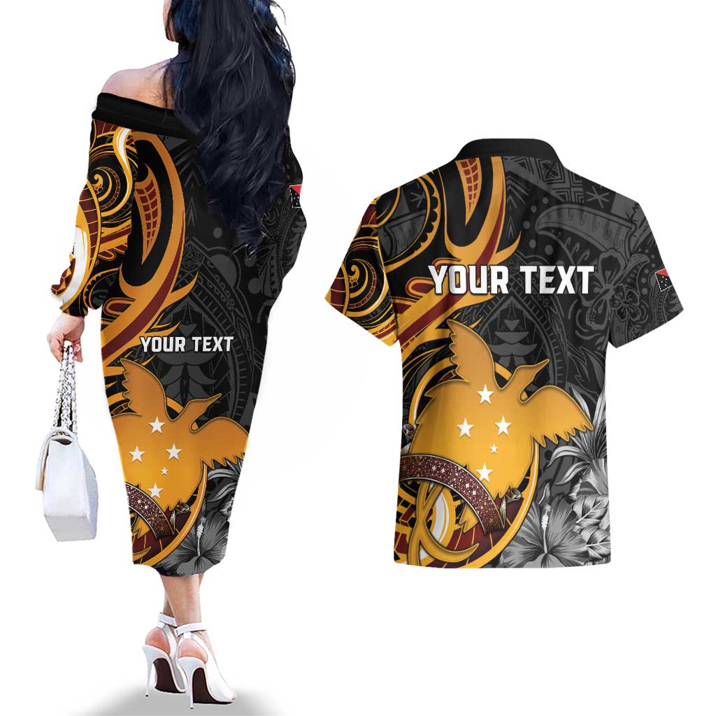 Personalised Papua New Guinea Couples Matching Off The Shoulder Long Sleeve Dress and Hawaiian Shirt Happy 50th Independence Anniversary - Polynesian Pride