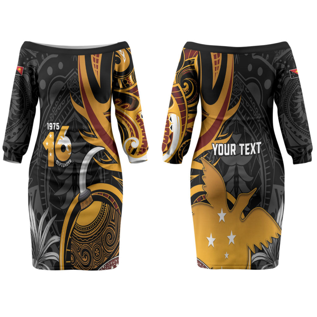 Personalised Papua New Guinea Couples Matching Off The Shoulder Long Sleeve Dress and Hawaiian Shirt Happy Independence Day LT05 - Polynesian Pride