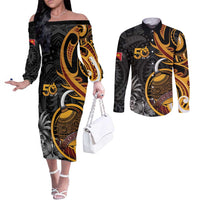 Personalised Papua New Guinea Couples Matching Off The Shoulder Long Sleeve Dress and Long Sleeve Button Shirt Happy 50th Independence Anniversary - Polynesian Pride