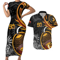 Personalised Papua New Guinea Couples Matching Short Sleeve Bodycon Dress and Hawaiian Shirt Happy 50th Independence Anniversary - Polynesian Pride