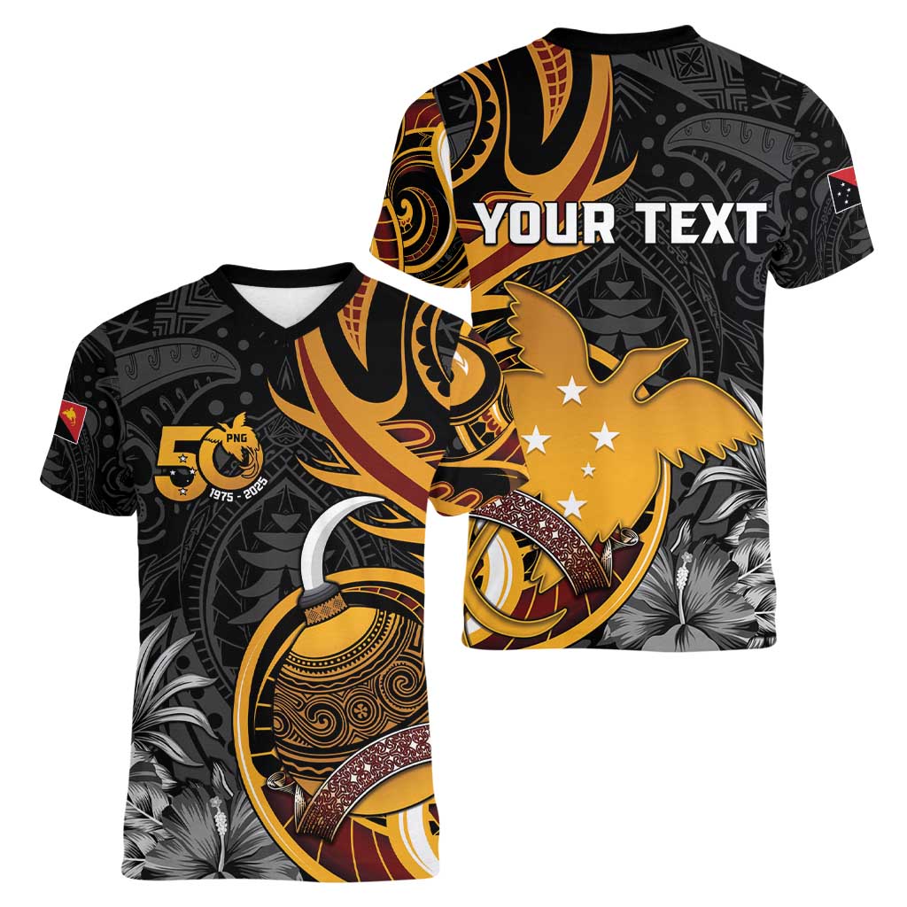 Personalised Papua New Guinea Women V-Neck T-Shirt Happy 50th Independence Anniversary - Polynesian Pride
