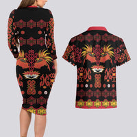Papua Batik Motif Couples Matching Long Sleeve Bodycon Dress and Hawaiian Shirt Papua Spirit Black Version - Polynesian Pride
