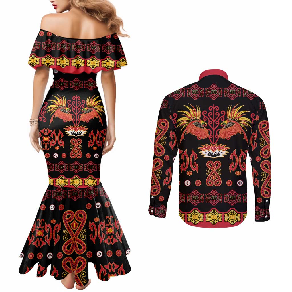 Papua Batik Motif Couples Matching Mermaid Dress and Long Sleeve Button Shirt Papua Spirit Black Version - Polynesian Pride