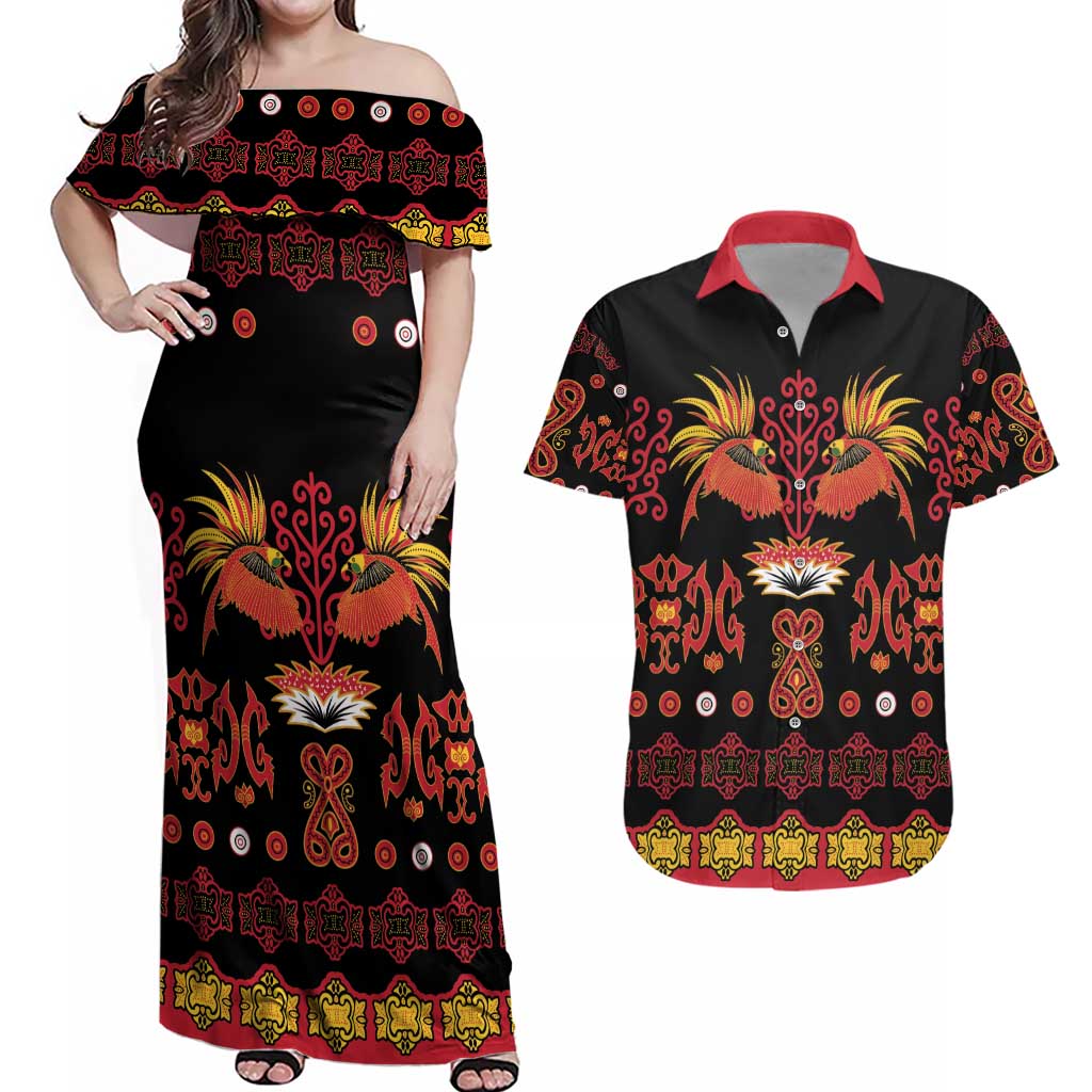 Papua Batik Motif Couples Matching Off Shoulder Maxi Dress and Hawaiian Shirt Papua Spirit Black Version - Polynesian Pride