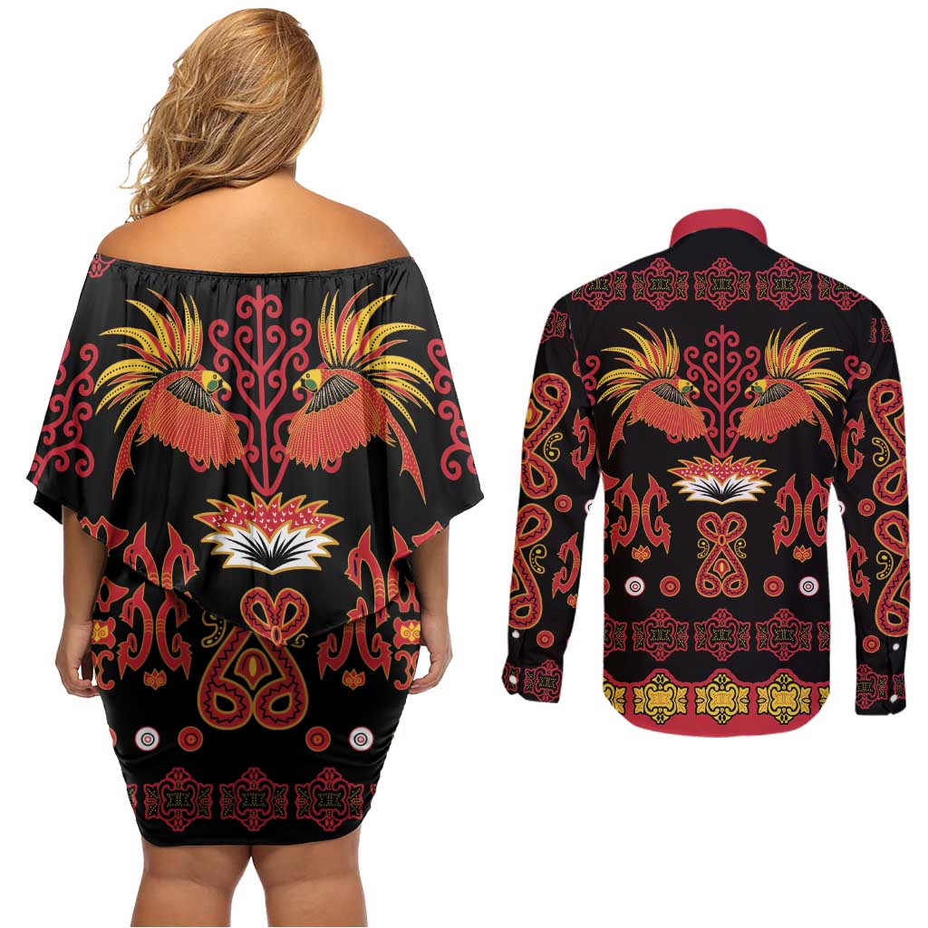 Papua Batik Motif Couples Matching Off Shoulder Short Dress and Long Sleeve Button Shirt Papua Spirit Black Version - Polynesian Pride