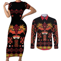 Papua Batik Motif Couples Matching Short Sleeve Bodycon Dress and Long Sleeve Button Shirt Papua Spirit Black Version - Polynesian Pride