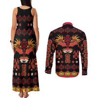 Papua Batik Motif Couples Matching Tank Maxi Dress and Long Sleeve Button Shirt Papua Spirit Black Version - Polynesian Pride