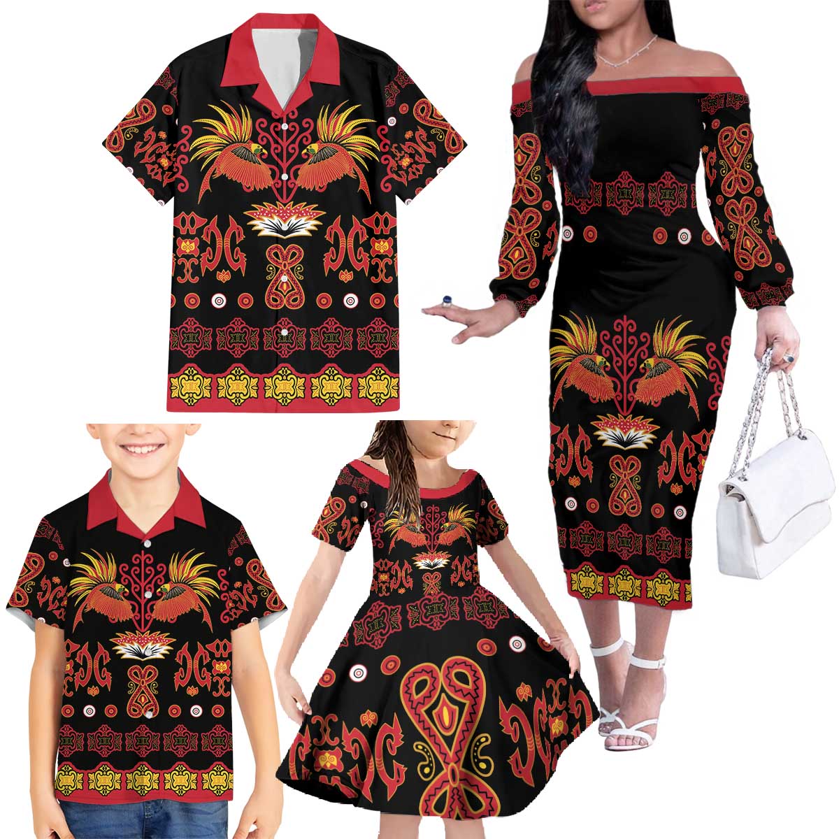 Papua Batik Motif Family Matching Off The Shoulder Long Sleeve Dress and Hawaiian Shirt Papua Spirit Black Version - Polynesian Pride