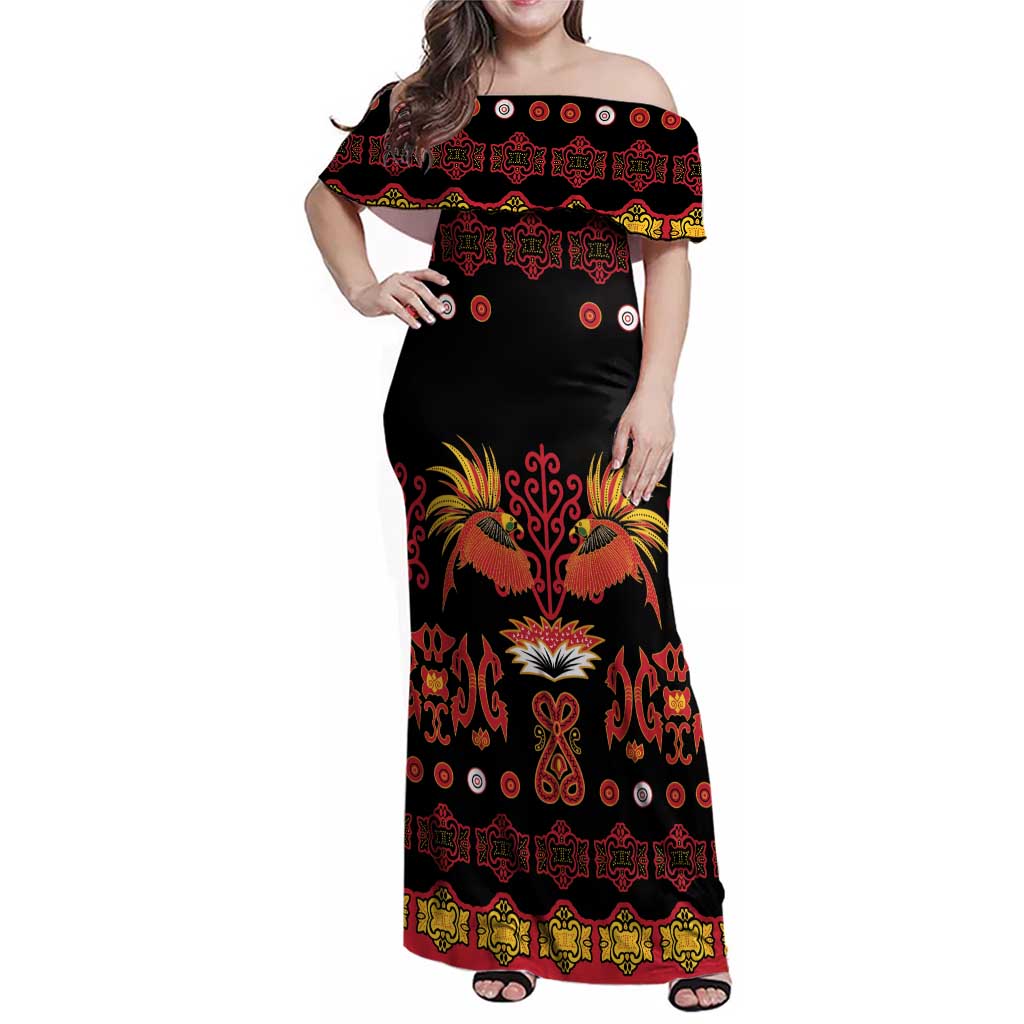 Papua Batik Motif Family Matching Off Shoulder Maxi Dress and Hawaiian Shirt Papua Spirit Black Version - Polynesian Pride