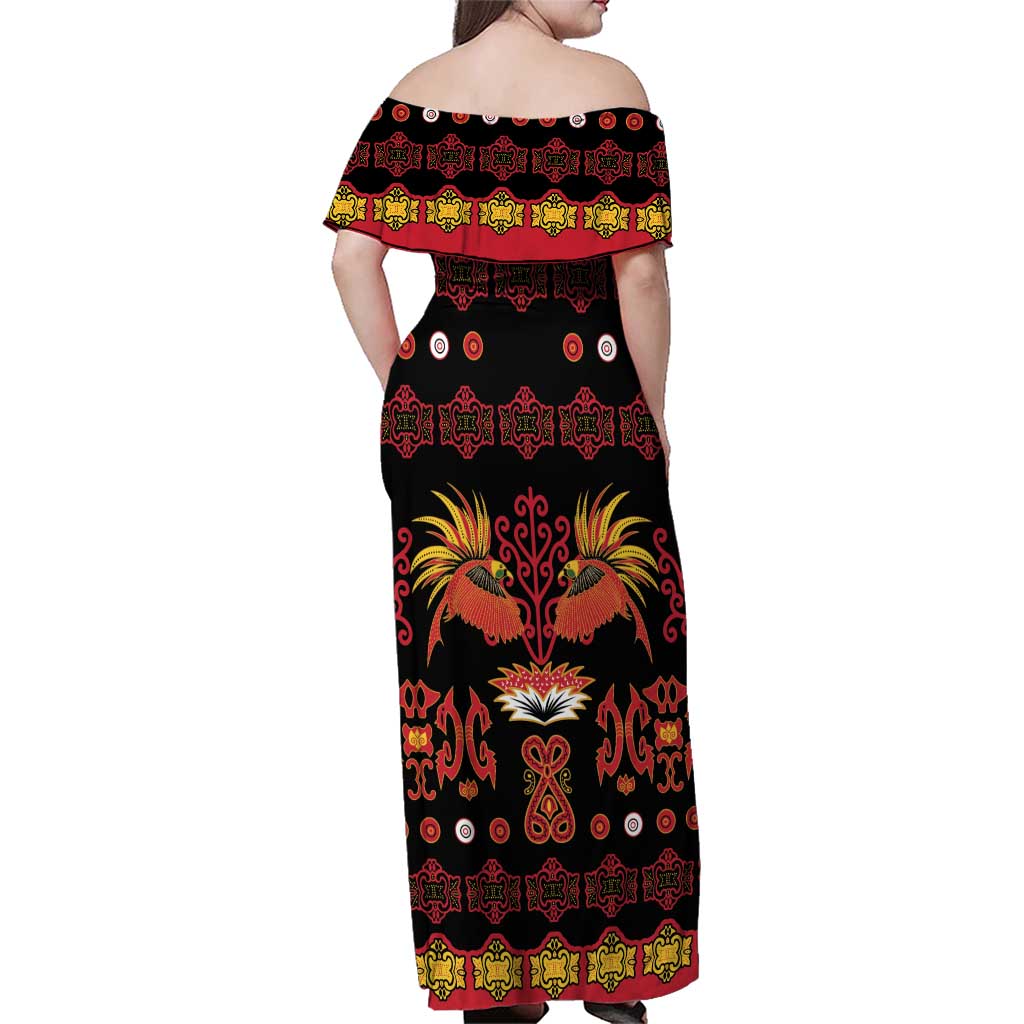 Papua Batik Motif Family Matching Off Shoulder Maxi Dress and Hawaiian Shirt Papua Spirit Black Version - Polynesian Pride