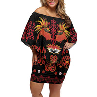 Papua Batik Motif Family Matching Off Shoulder Short Dress and Hawaiian Shirt Papua Spirit Black Version - Polynesian Pride