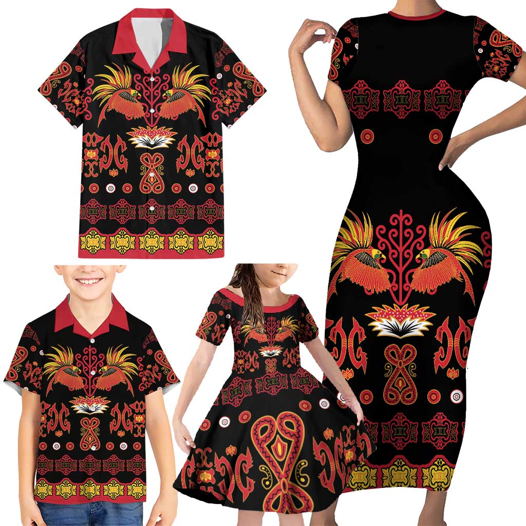 Papua Batik Motif Family Matching Short Sleeve Bodycon Dress and Hawaiian Shirt Papua Spirit Black Version - Polynesian Pride