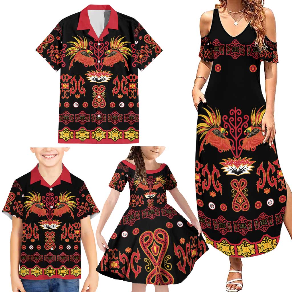 Papua Batik Motif Family Matching Summer Maxi Dress and Hawaiian Shirt Papua Spirit Black Version - Polynesian Pride