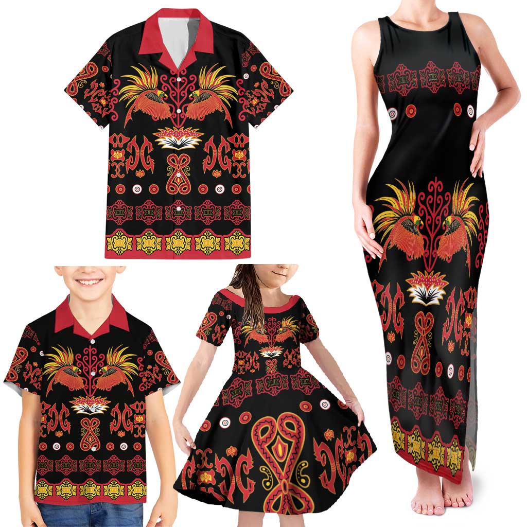 Papua Batik Motif Family Matching Tank Maxi Dress and Hawaiian Shirt Papua Spirit Black Version - Polynesian Pride