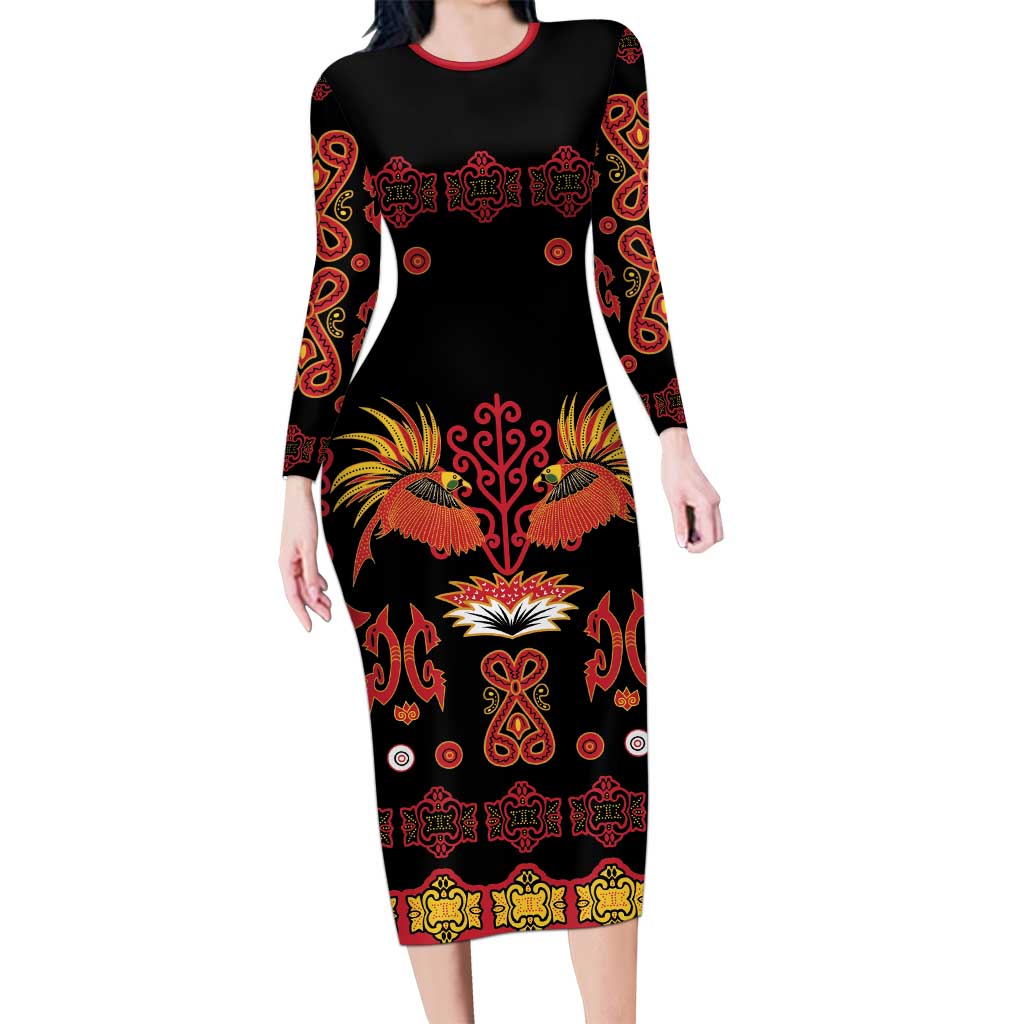 Papua Batik Motif Long Sleeve Bodycon Dress Papua Spirit Black Version LT05 Long Dress Black - Polynesian Pride