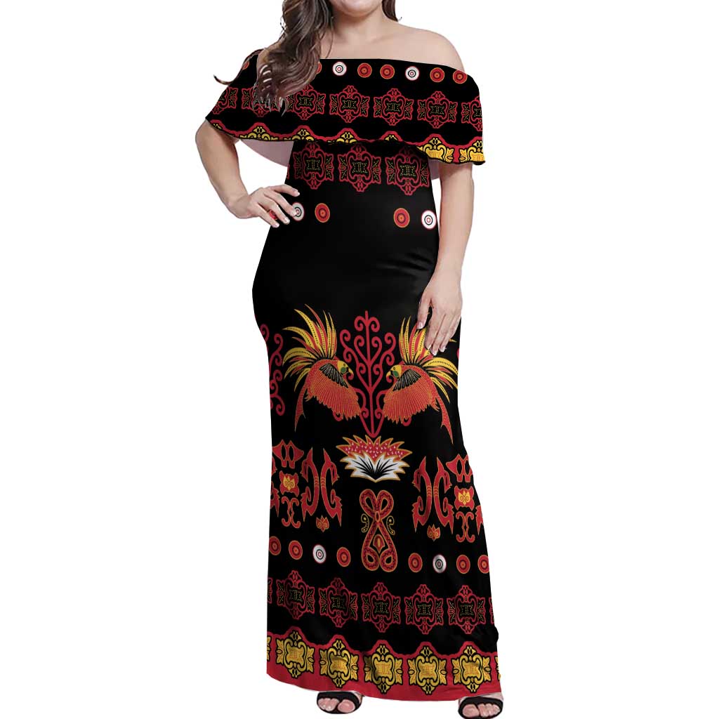 Papua Batik Motif Off Shoulder Maxi Dress Papua Spirit Black Version LT05 Women Black - Polynesian Pride