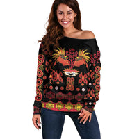 Papua Batik Motif Off Shoulder Sweater Papua Spirit Black Version - Polynesian Pride