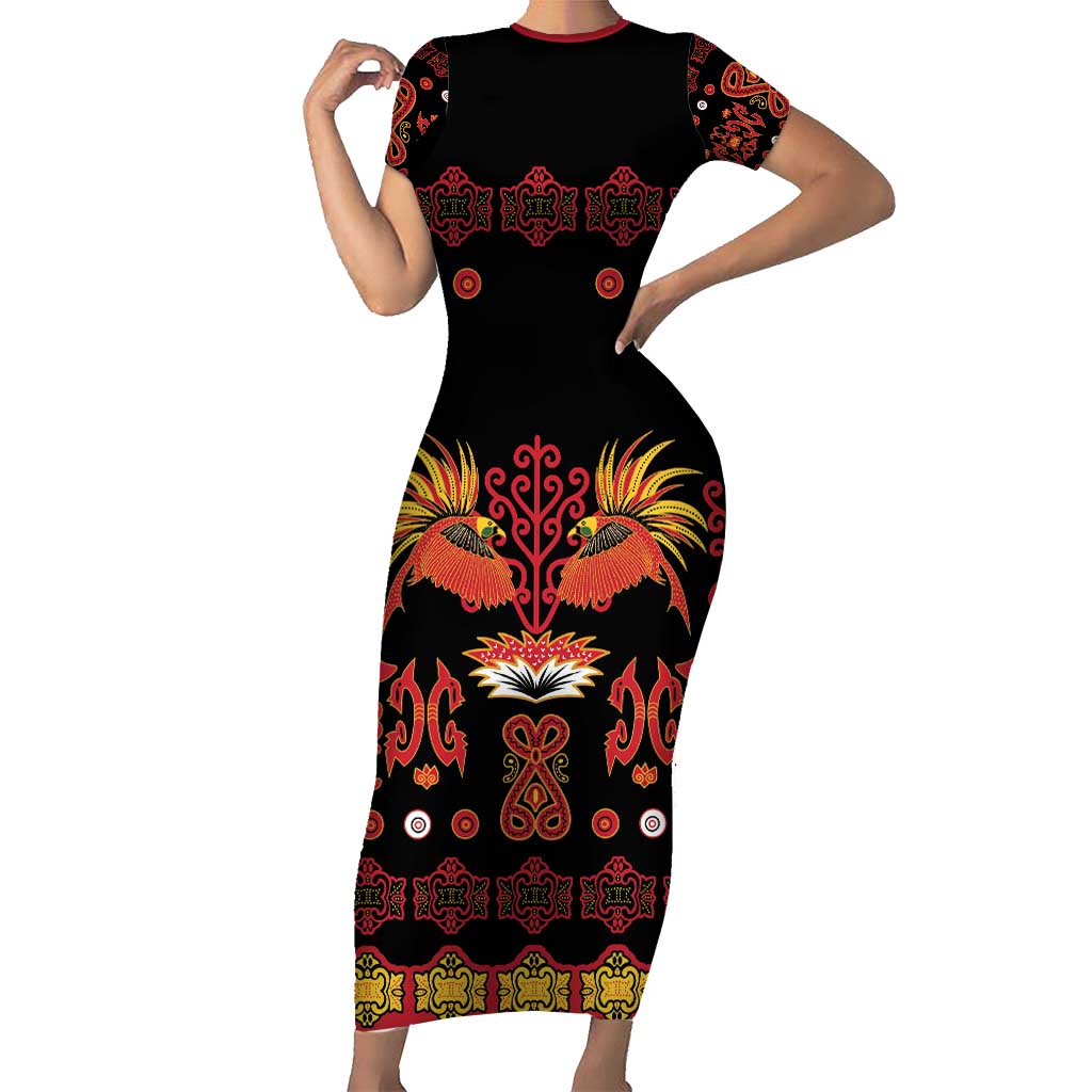 Papua Batik Motif Short Sleeve Bodycon Dress Papua Spirit Black Version - Polynesian Pride