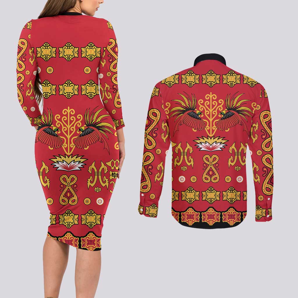 Papua Batik Motif Couples Matching Long Sleeve Bodycon Dress and Long Sleeve Button Shirt Papua Spirit Red Version - Polynesian Pride